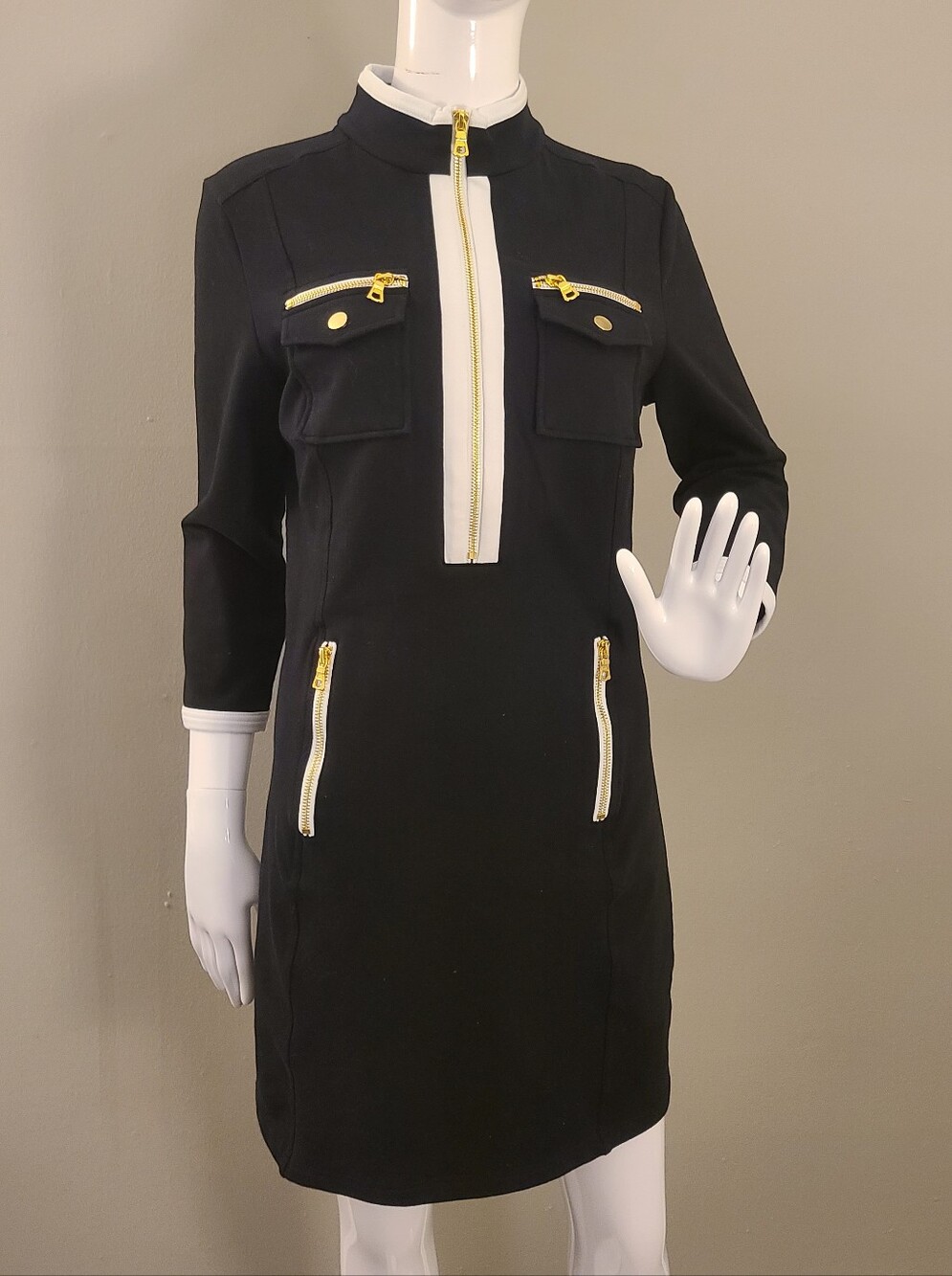 Boston Proper Black Mini Shift Dress with White Trim and Gold Zippers